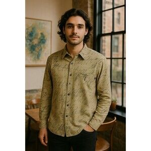 Vintage Merseta Italy Shirt Mens M Beige Herringbone Abstract Print Button Up